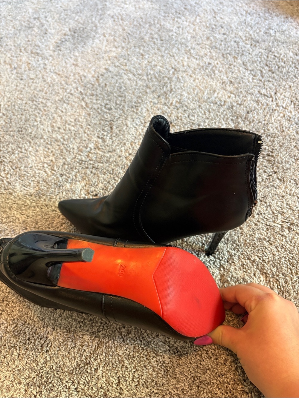 Black Leather Pointed Toe Ankle Boots with Red Sole
